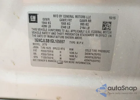 2016 Chevrolet Trax Lt z USA, uszkodzony, nr VIN 3GNCJLSB1GL165697